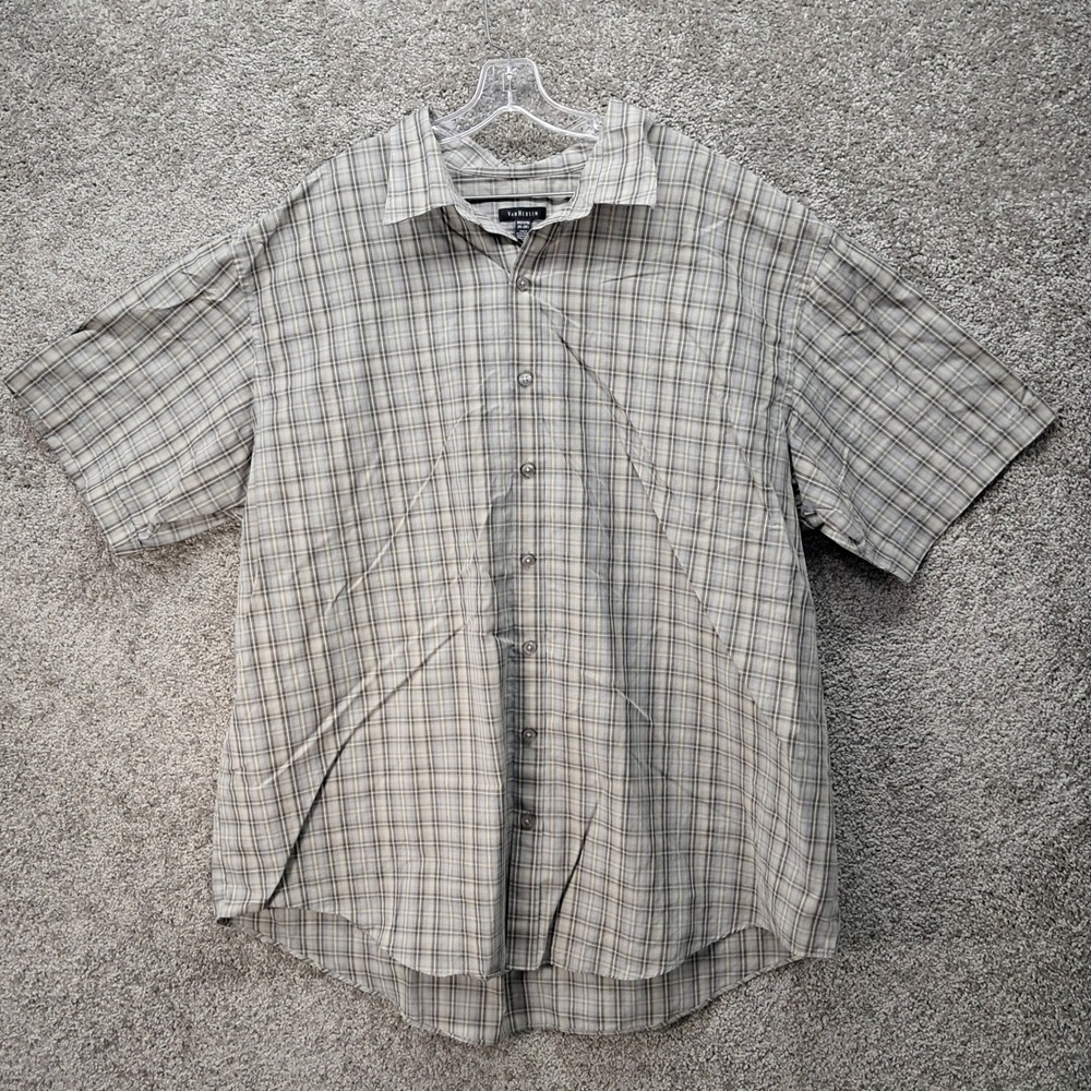 Van Heusen Mens 3XLT Plaid Short Sleeve Button Down Shirt Gray Tan 6819